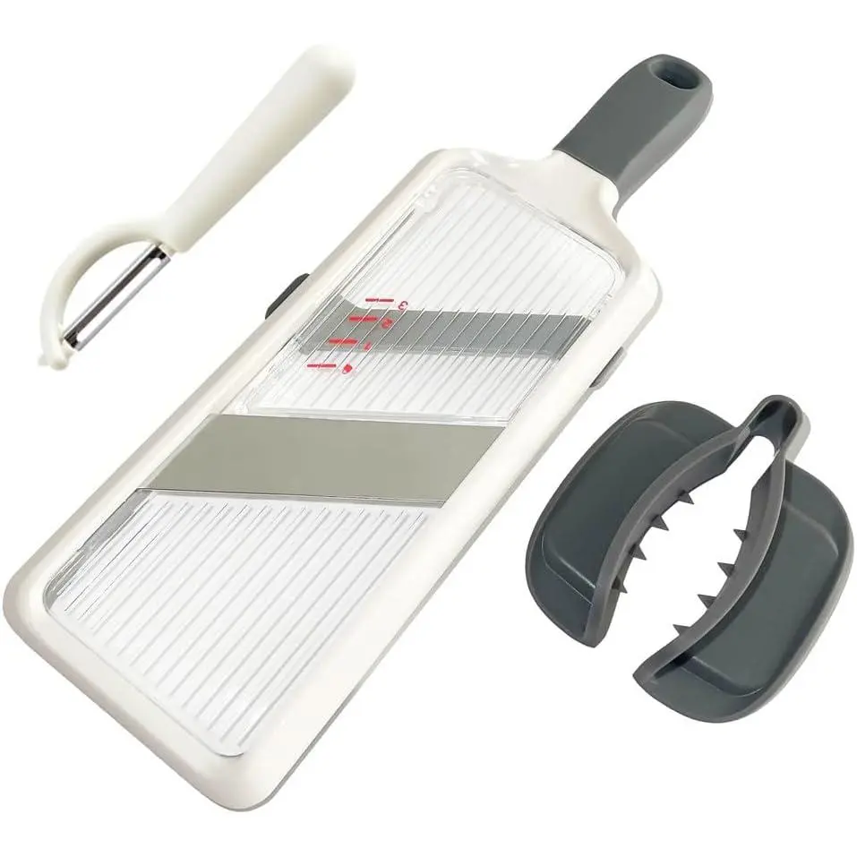 Handheld Adjustable Thickness Stainless Steel Mandoline Slicer with Thickness Selector, Cover & Holder - Durable Synthetic Kitchen Utensil for Speedy Meal Prep, Fruit, Vegetable & Cheese Slicing/Grating