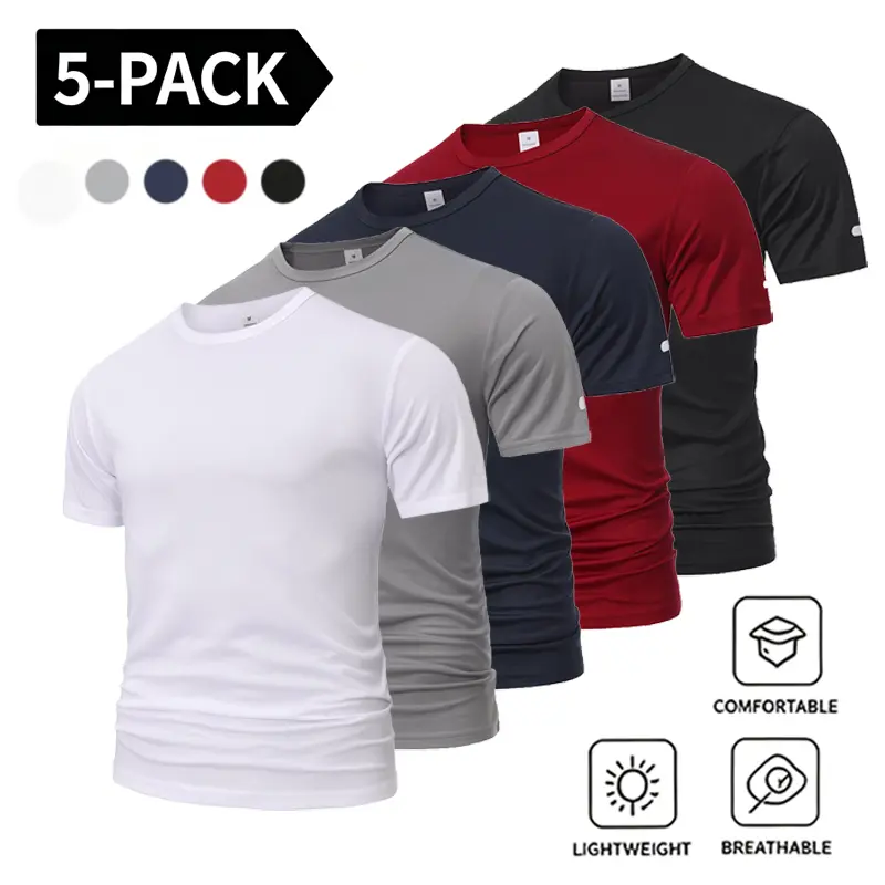 Men’s slim-fit crew neck short-sleeve T-shirts, 5-pack — lightweight, breathable, solid colors, stretchy base layer tops