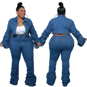 MY821 Plus Size Women’s Clothing 2021 Autumn/Winter Denim Two-Piece Set with Gathered Ruffle Pants