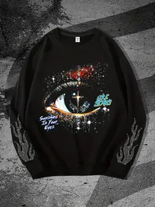 Cyberpunk Starburst Eye Sweatshirt, Oversized Round Neck, Fitted, Galaxy Print, Flame Embroidery, Unisex, Fall & Winter
