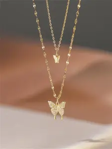 Rhinestone Decor Butterfly Double Layer Necklace, Layering Jewelry, Alloy Material, Perfect Gift for Girlfriend, Elegant Jewelry Piece, Dainty Layering Jewelry, Bling Chain