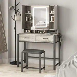 Vabches Vanity Desk with Lighted Mirror and Power Strip,Tri-Fold Mirror Makeup Vanity Table with Lights,2 Drawers Vanity Set with Hidden Storage Shelves,3 Color Lighting Modes,35.4in(L) Dresser Furniture