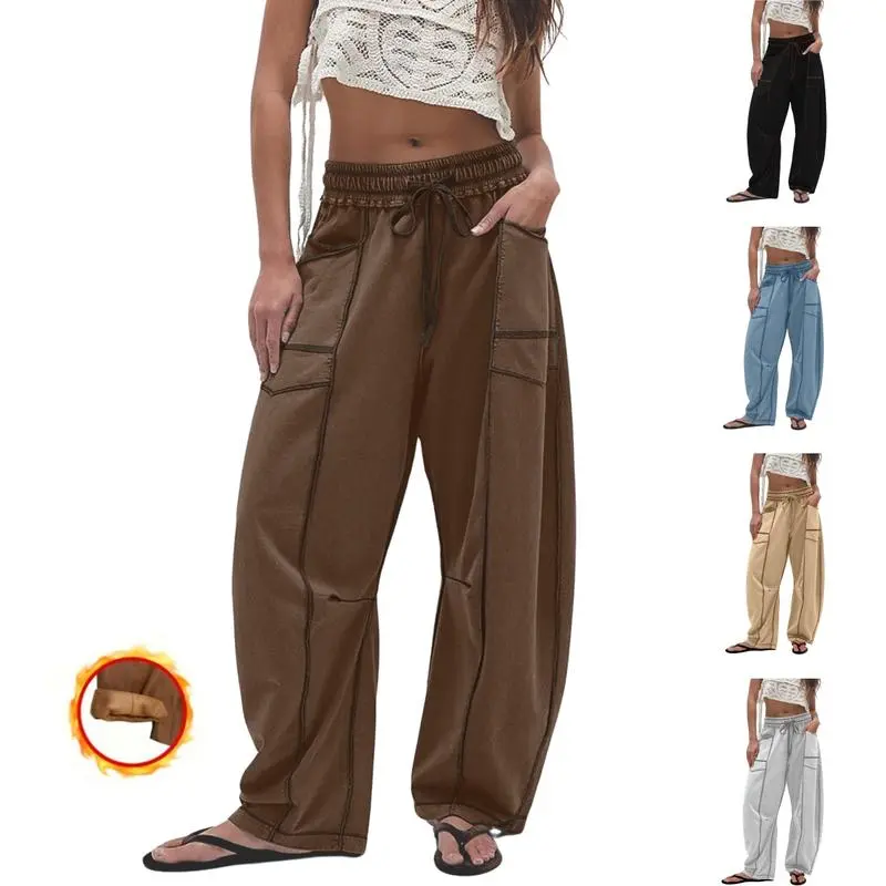 Women's Warm Fleece-Lined Barrel Pants, Elastic Waist Wide-Leg Loose-Fitting Lounge Pants with Drawstring & Pockets for Winter, Late Fall, Early Spring Casual Bottoms, Wide-Leg Pants