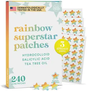 LivaClean Rainbow Superstar Acne Patches with Salicylic Acid & Tea Tree Oil - 240 Count Hydrocolloid Blemish Patches for Face - Cruelty-Free & Vegan Friendly - 3 Sizes for Various Blemishes