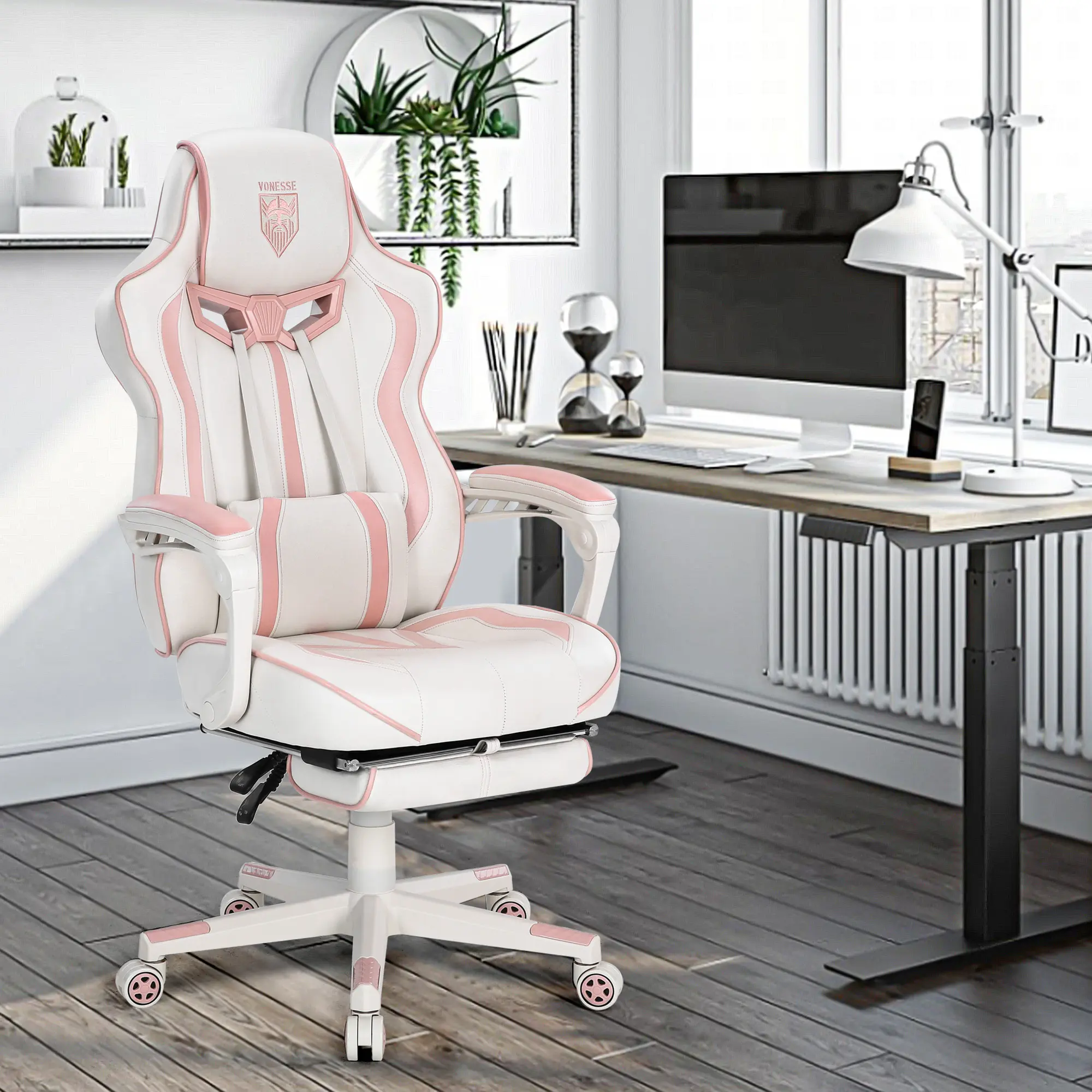 Zeanus Pink Gaming Chair for Girls, Pink Computer Gaming Chairs for Adults, Reclining Gamer Chair with Footrest with Massage, Ergonomic Home Office Gaming Chair High Back (Pink/Light Gray) Comes with installation instructions gaming chairs V3009