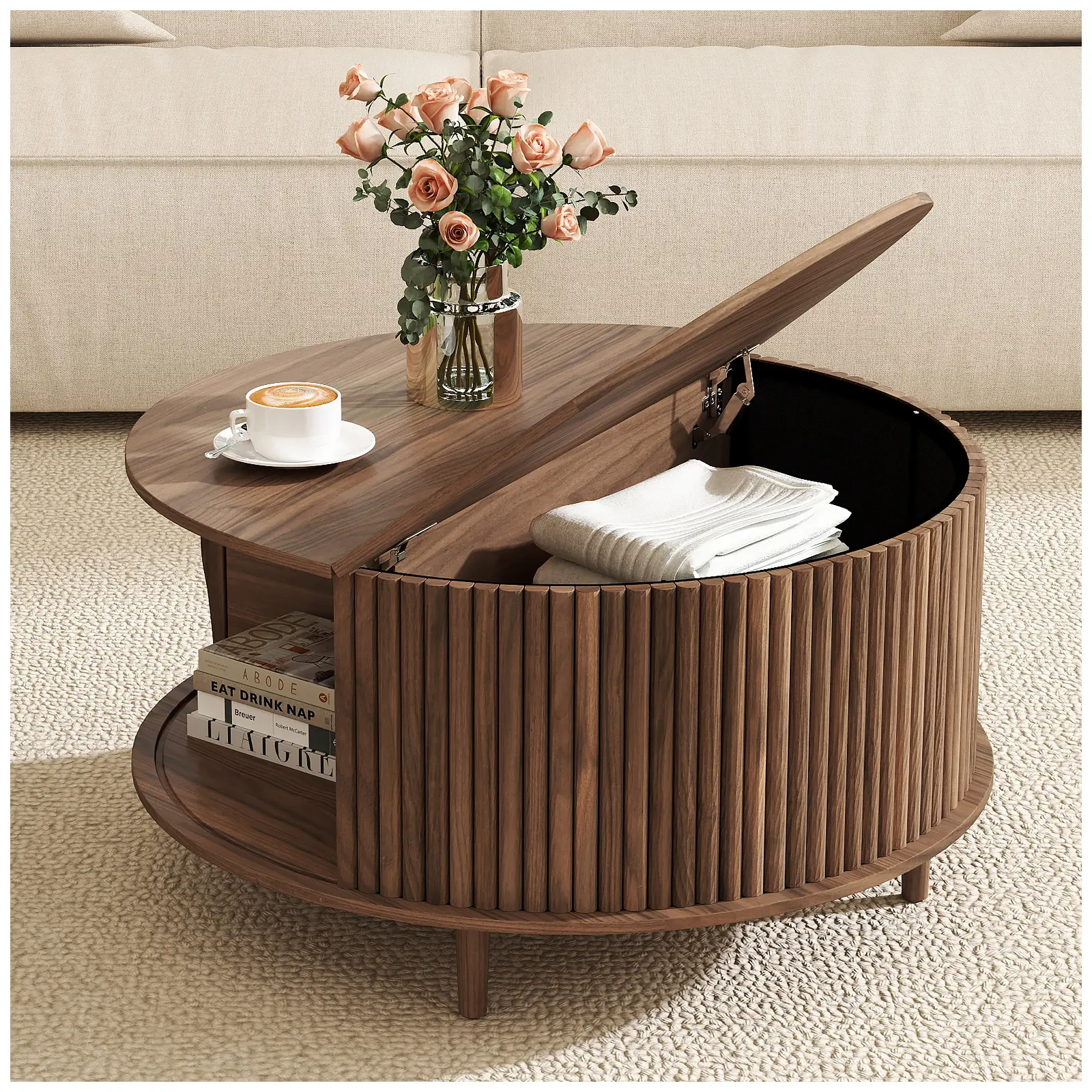 Space-efficient sliding-door coffee table with mid-century aesthetic, walnut finish Wooden Tabletop desk dining table set of 4 coffee table