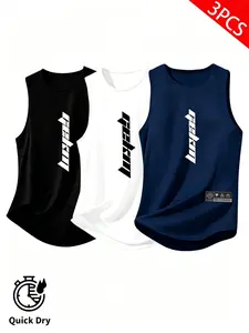 3-Pack Men's Lightweight Classic Round Neck T-Shirts, Letter Print, Quick-Dry Breathable, Moisture-Wicking, Summer Sporty Casual Shirts, Loose Fit