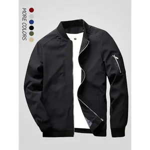 Men's Solid Zip Up Pocket Bomber Jacket, Regular Fit Casual Long Sleeve Baseball Collar Outerwear for Spring & Fall, Men's Clothes for Daily Wear