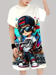 Boys Hip-Hop Cartoon Print Sportswear Set, Casual Summer, Breathable Quick-Dry, Ideal for Golf, Fishing, Basketball, Camping