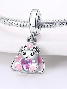Cute Rabbit Design Charm Bead, Rhinestone Heart & Flower Decor Bead for Bracelet & Necklace Making, Fashion Accessories for Women & Girls