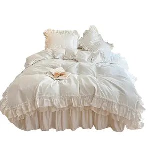 Luxury All-Cotton 100% Pure Cotton White Four-Piece Set Princess-Style Ruffled Duvet Cover Lace Internet-Famous Bed Skirt Bedding Set Luxurious Pink queen comforter Hypoallergenic soft design comfort