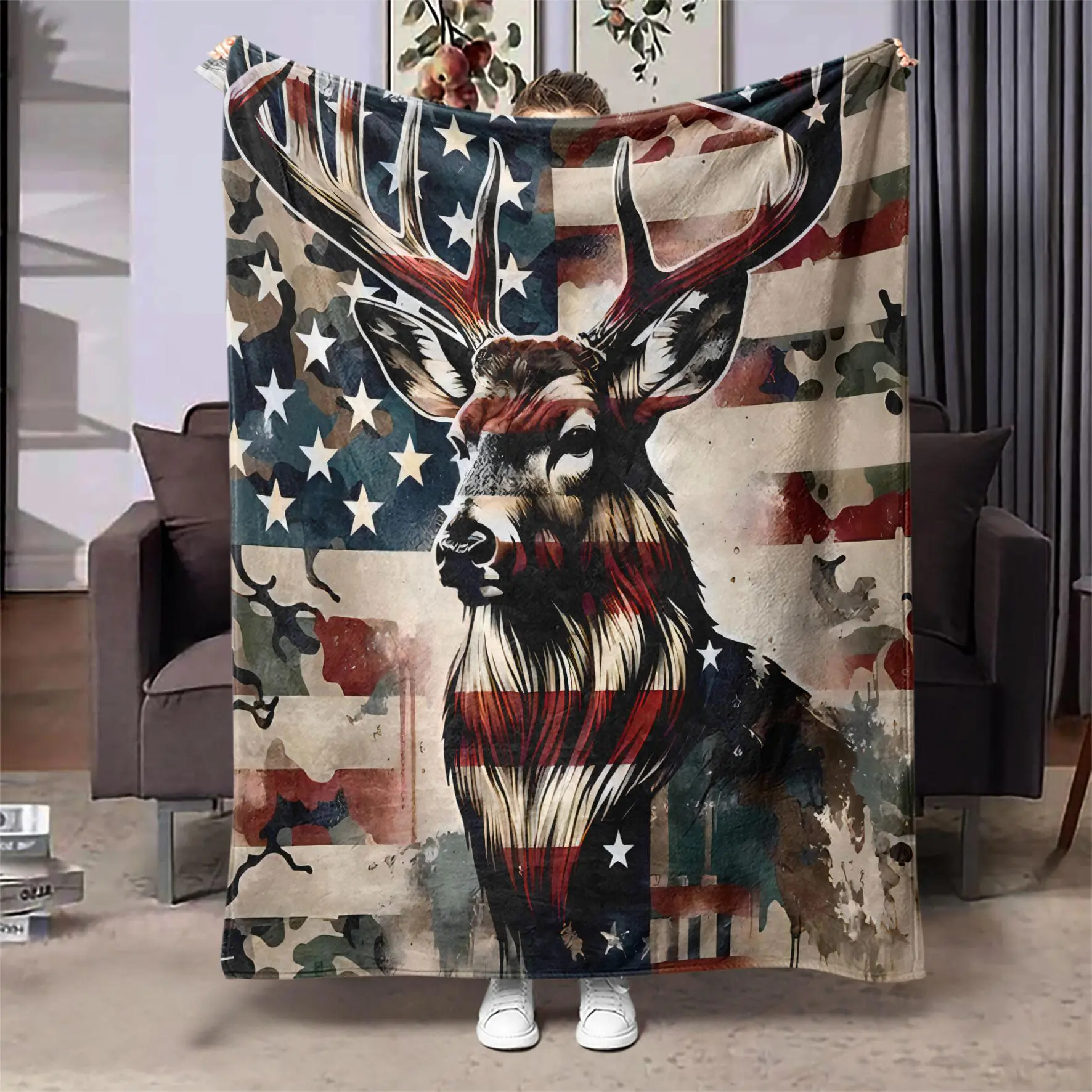 Deer American Flag Pattern Figure Print Blanket, 1pc Soft Warm Throw Blanket, Air-conditioned Room Accessories Blanket for Home Office Travel Camping, Cozy Chic Blanket