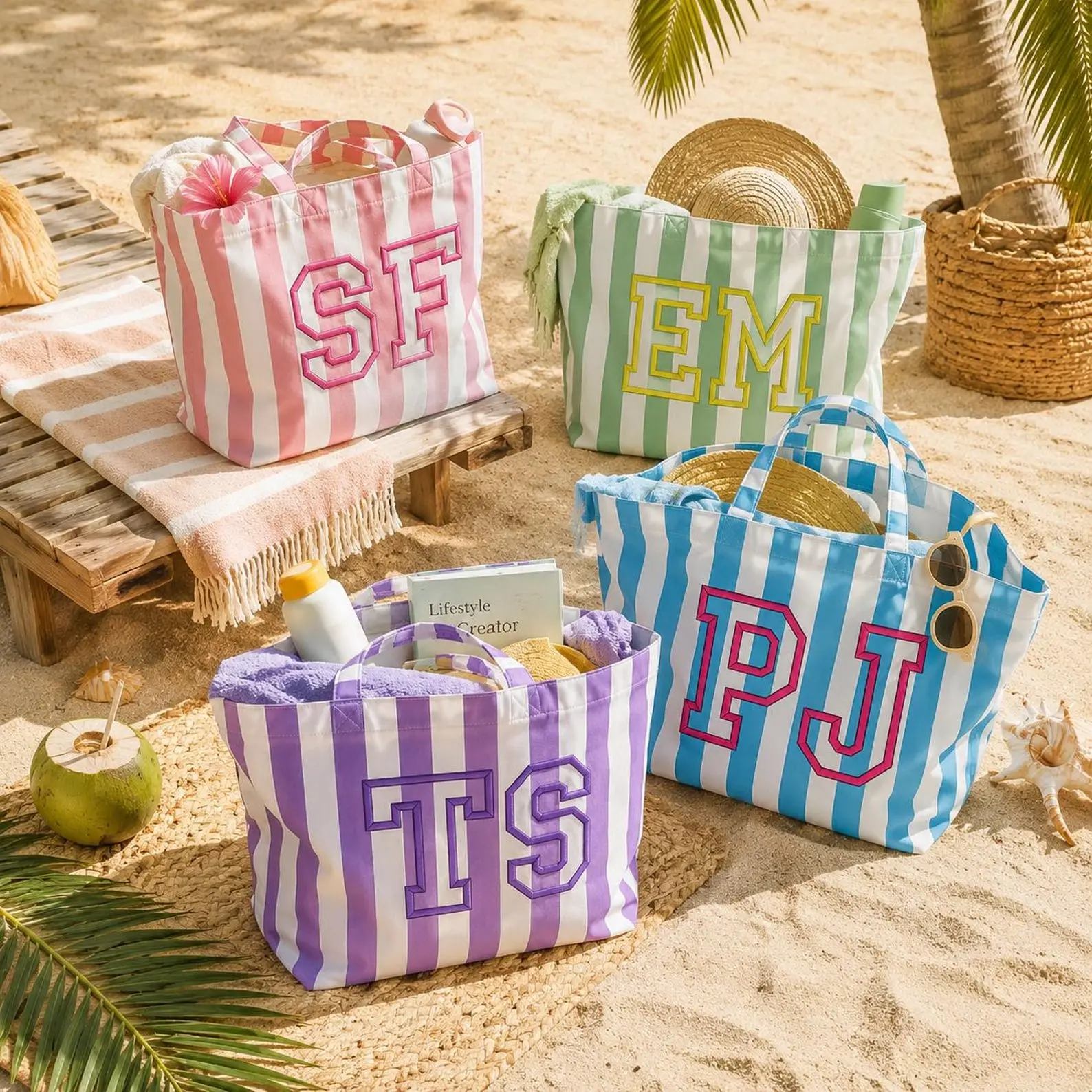 Personalized Canvas Tote Bag, Custom Beach Bag, Large Striped Vacation Tote, Bridesmaid Gift