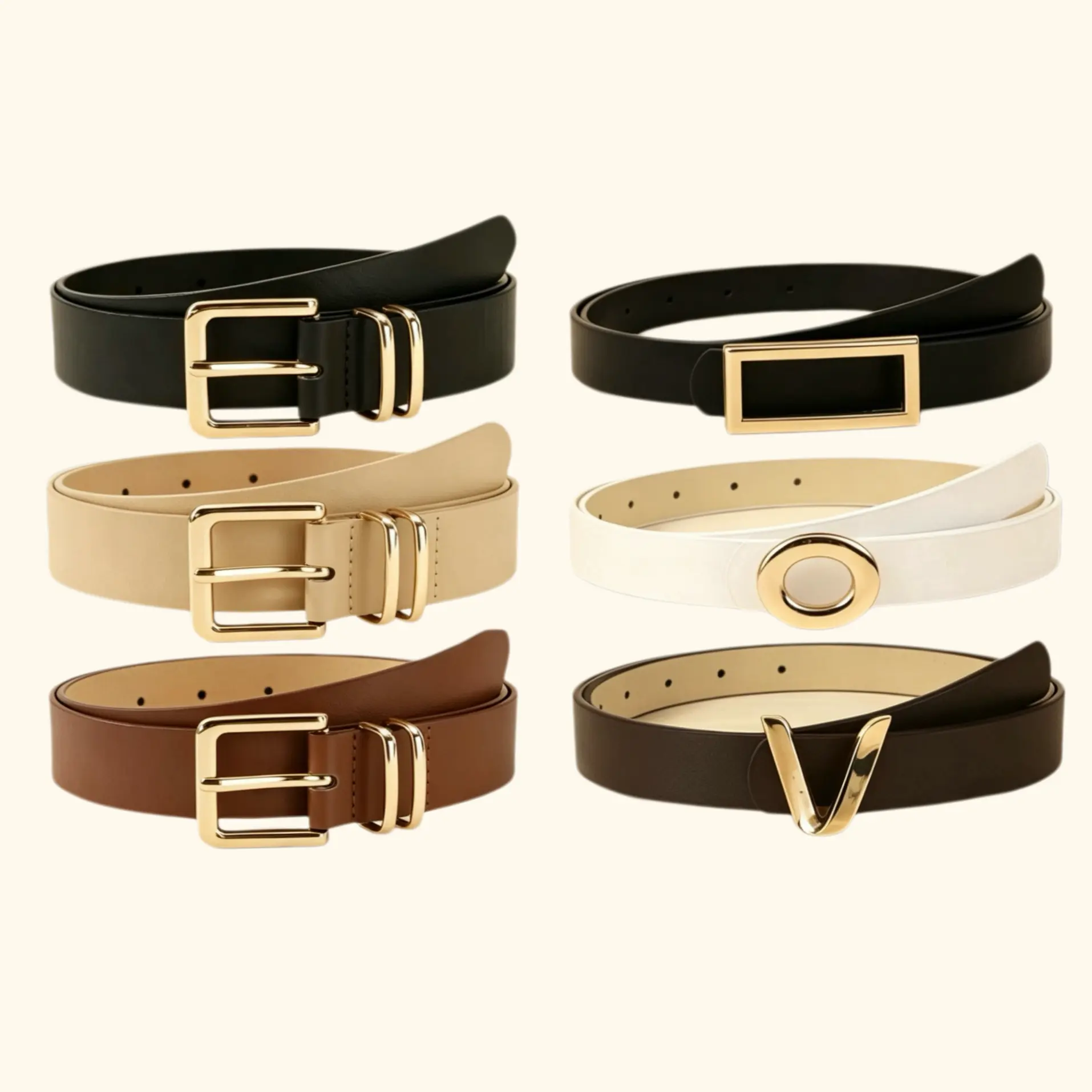 SHIFFRINKEN 6-Pack Women's PU Leather Waist Belts - Classic Buckle Adjust-Fit All-Match Neutral Color Belts for Women with Gold Multi-Buckles (Double Keeper Pin, Square, Oval, V) for Jeans, Dresses, Adjust-Fit Women's Belts