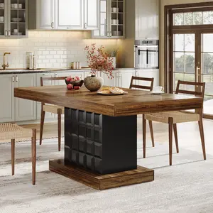 LITTLE TREE 63'' Dining Table for 4-6, Farmhouse Wooden Rectangular Dinner Table with Geometric Relief, Pedestal Base