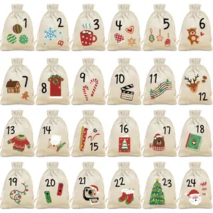 24 PCS Drawstrings Christmas Gift Bags, Xmas Holiday Burlap Gift Bag with Cute Painting, 24 Days Countdown Calendar Burlap Bags Tree mini christmas gift bags Assorted Tags