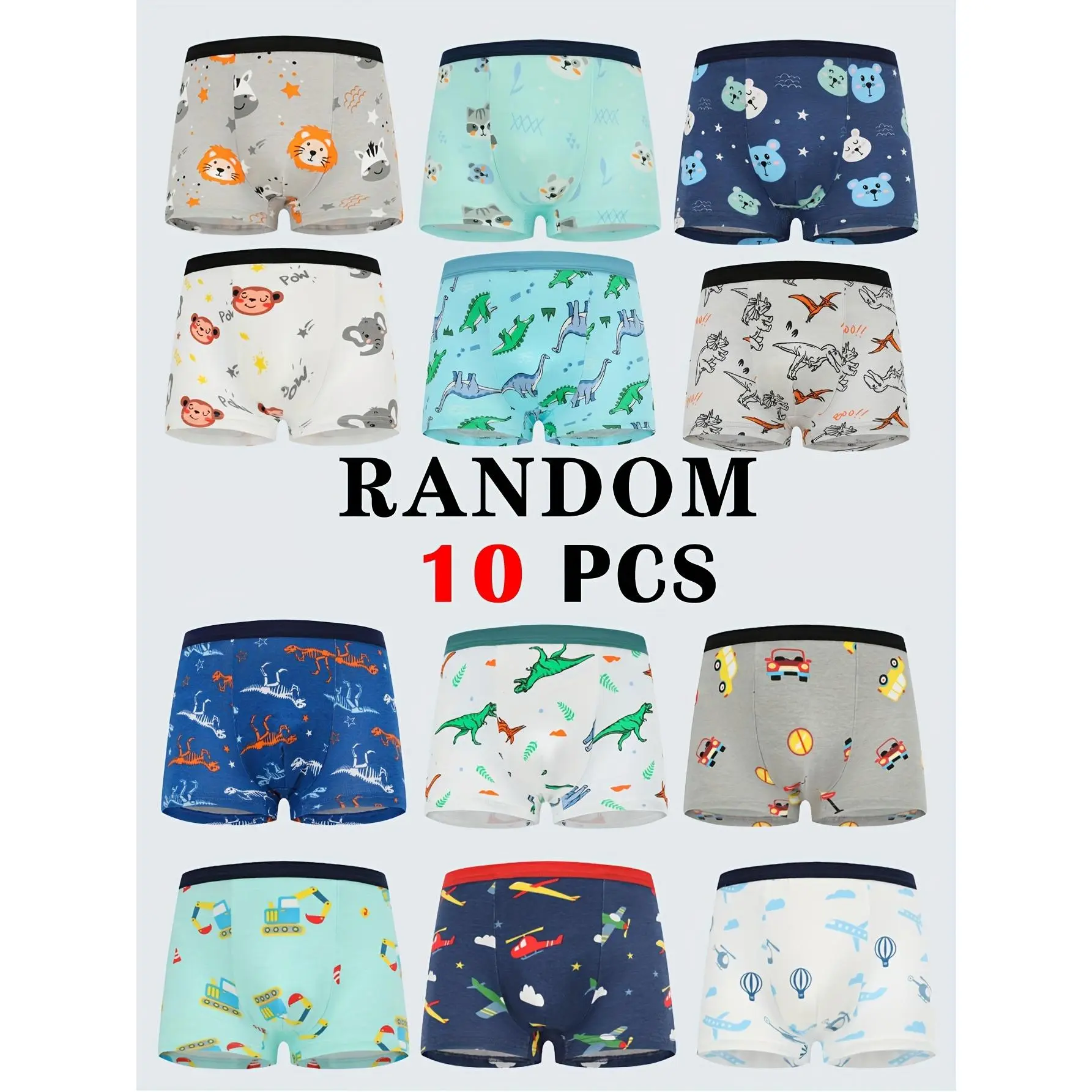 Boys' Cartoon Print Boxer Shorts - 10pcs Random Assorted Kids' Underwear with Elastic Comfortable Fabric