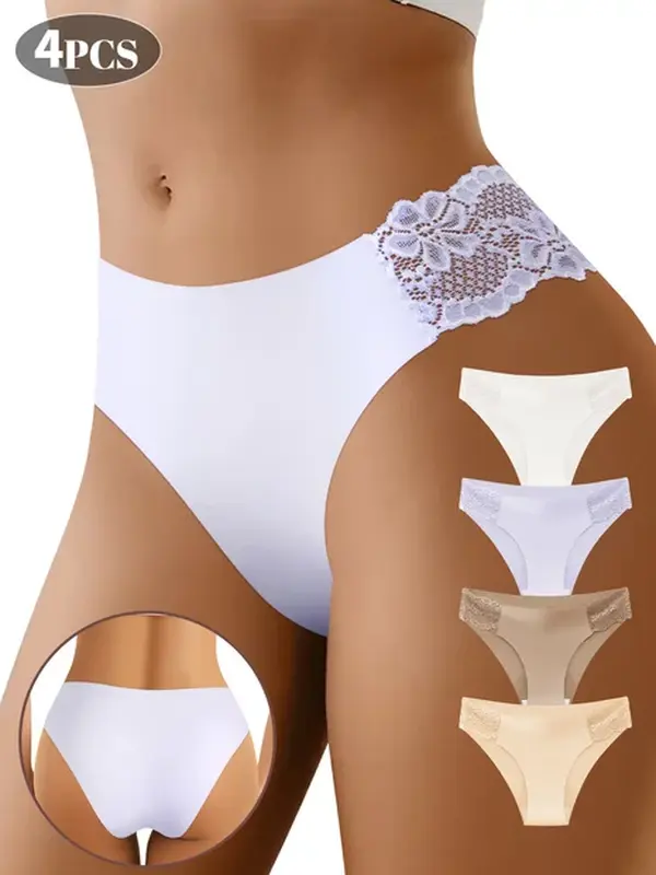 QUASTI 4-Piece Low-Rise Elegant Breathable Lace Women's Panties, Soft, Smooth, High-Elastane, Seamless, and Super Comfortable Skin-Friendly Womenswear, Sizes S-XXL