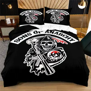 Sons of Anarchy Hardcore Style Duvet Cover Set, Includes One Quilt Cover and Pillowcases, Skull & Weapon Elements, Dark Background Bedding Set
