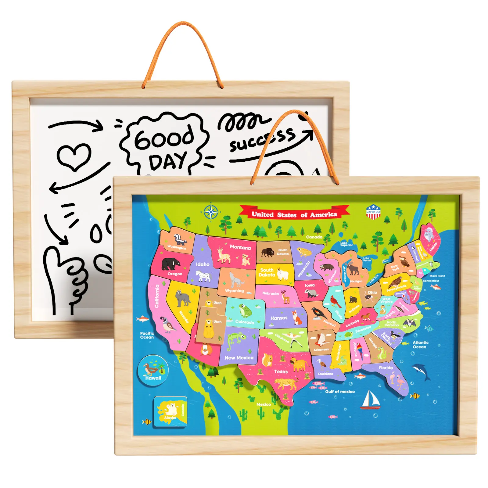 2-in-1 Wooden Magnetic Map Puzzle for Kids Ages 3-8, USA Geography Learning Toy with Whiteboard Doodle Board, Screen-Free Birthday Gift for Boys Girls