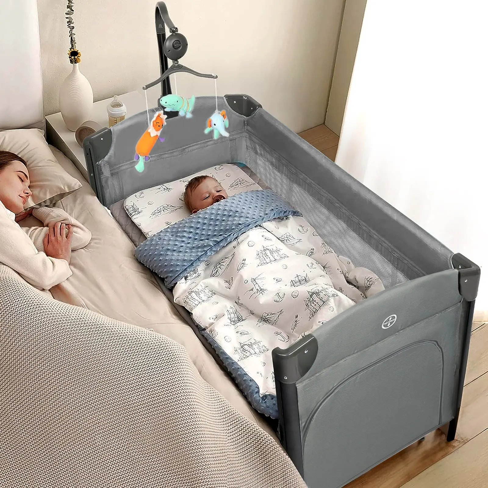 JOYMOR Baby Bedside Bassinet, Baby Bassinet, Pack n Play Convert Playpen, Quick Foldable Travel Bed with Wheels & Brake, Carry Bag for Boys Girls