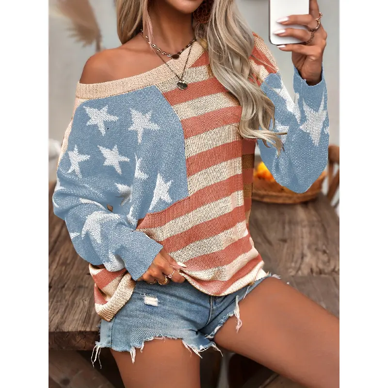 Women's Plain 100% Elastic Polyester Knit Pullover Sweater, Round Neck, Color-Block Striped, American Flag Pattern, Semi-Sheer, Medium Elastic, Casual Sports & Outdoor Wear for Spring/Summer, Dry Clean/Hand Wash Only