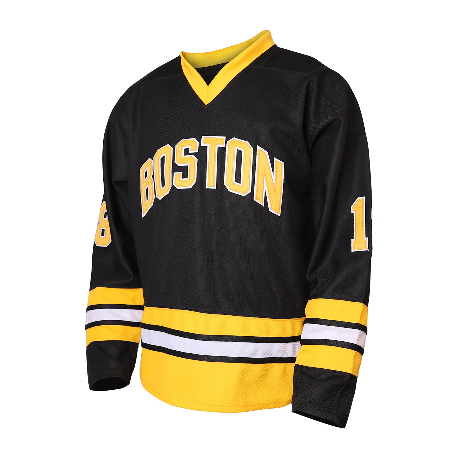 Men's Boston #18 Hockey Jersey, Full Embroidered Stitched V-Neck Long Sleeve Shirt, Black Yellow White Vintage Movie Hockey Uniform, Retro Athletic Casual Streetwear Top for Fans Unisex Daily Party Wear