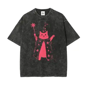 Pink Wizard Cat with Star Wand Vintage S~5XL Oversize Unisex Washed T-Shirt for Women and Men's Unisex Fit Batik Cotton Oversize Streetwear Menswear Super Soft Pre-Shrunk Washed Streetwear Shirt t shirt soft cotton vintage streetwear unisex t-shirt
