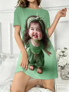 Women's Round Neck Short Sleeve Fitted Sleepwear, Breathable Soft Sleepwear, Soft Lounge Dress, Dreamy Cartoon Cute Girl Front Back Printed Pajamas, Casual Loungewear Home Wear Womenswear for All Seasons Pjs
