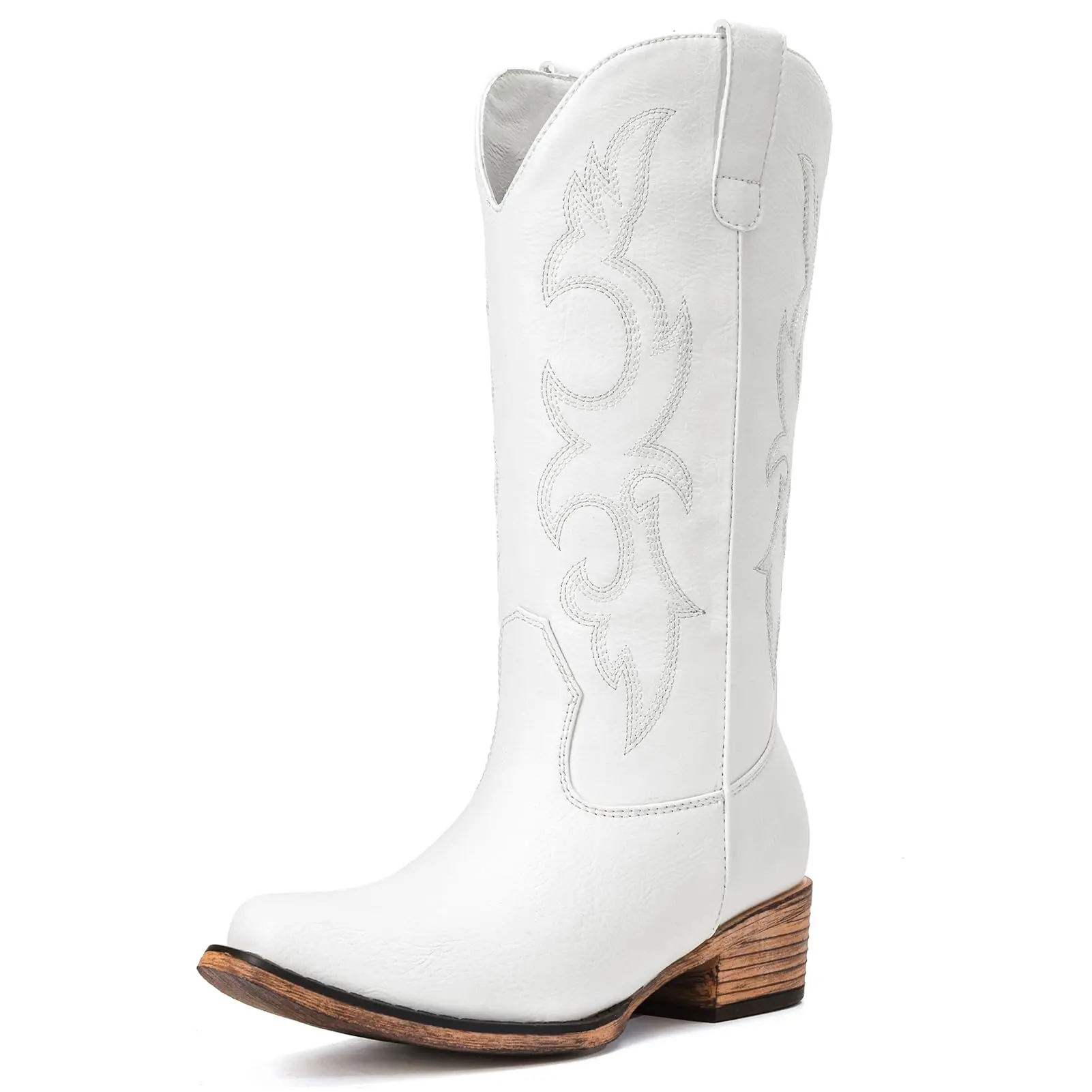 Women's Western Cowboy Boots, Mid-Calf Decorative Embroidered PU Leather Pull-Ons with a Snip Toe and Chunky Heel, Western Elegance, Block Heel, Cowgirl Booties, Country Concert, Synthetic, Casual, Footwear, Country Concerts, Western Ootd, American Tradit