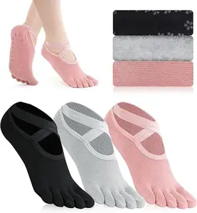 3 Pairs Pilates Toe Socks, Non-Slip Yoga Toe Grip Socks for Women - Dual Strap Open Back Toe Socks for Ballet, Dance & Barefoot Workouts