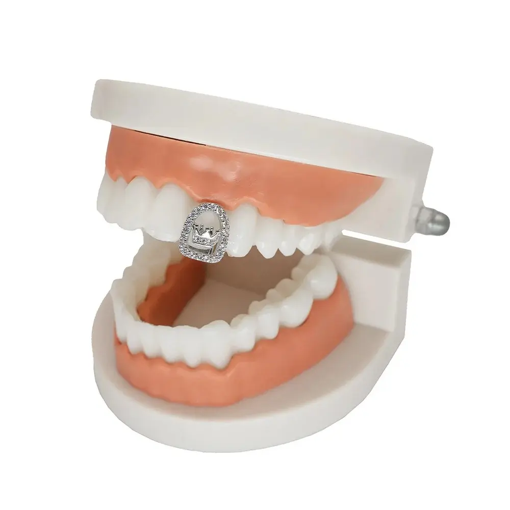 Single Zircon Hollow Crown Teeth Grillz Gold Color Hip Hop CZ Stone Tooth Caps For Women Men Jewelry Halloween Gift