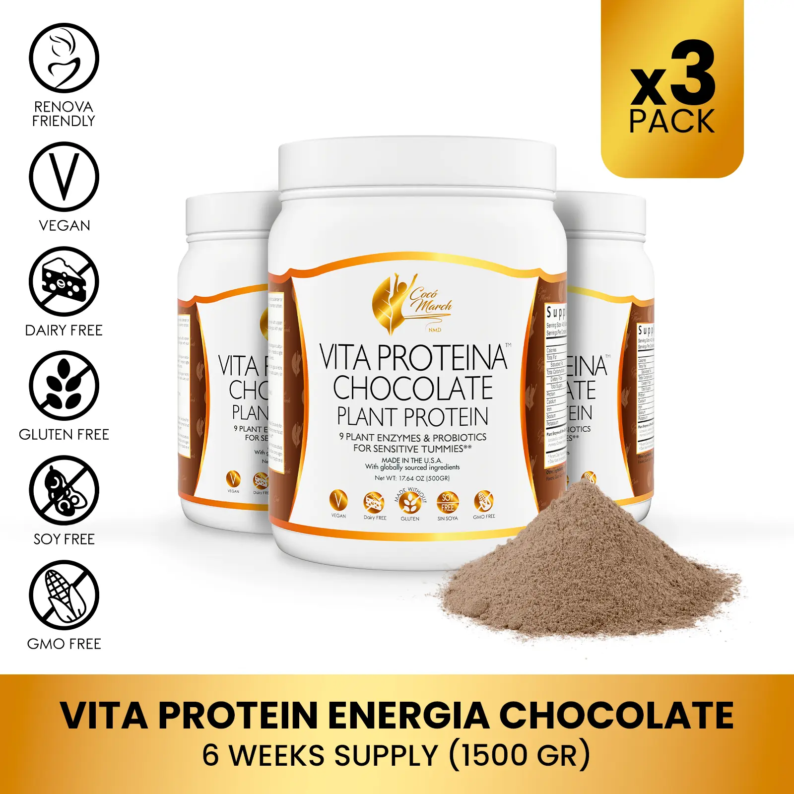 3 Pack Cocó March Vita Protein Energy, Protein Shake Powder Packed with Digestive Enzymes and Probiotics Healthcare Fitness, Chocolate