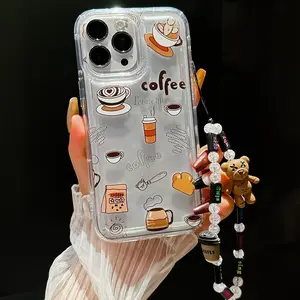 Cartoon Pattern Clear Phone Case with Bear Charm Lanyard, Decorative Phone Protector Cover, Shockproof Phone Cases for iPhone11 12 13 14 15 Pro Max