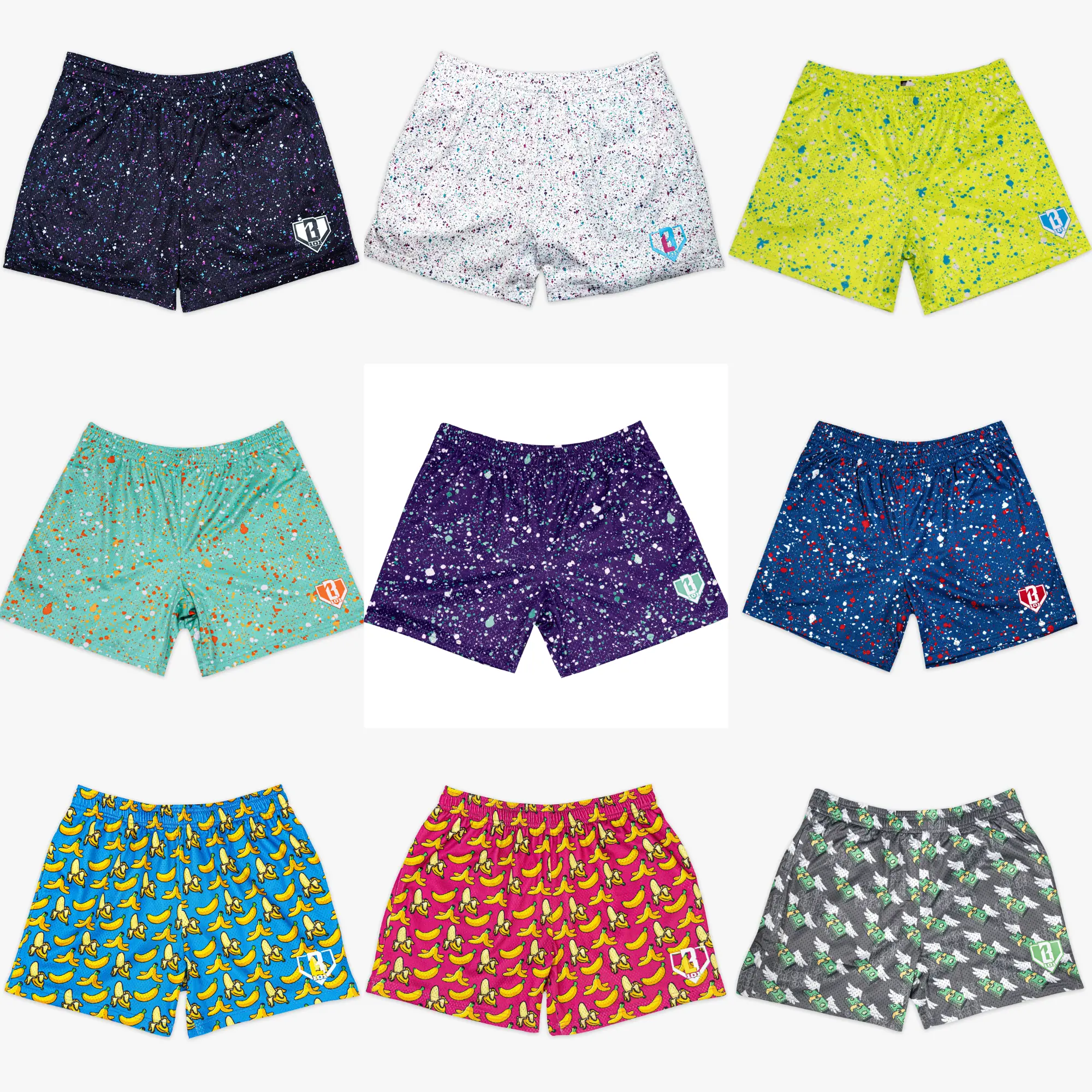 [ Baseball - Lifestyle - 101 Mesh Short ] Premium Men's Graphic Mesh Shorts – Luxury Streetwear & Athletic Gym Shorts: Abstract Paint Splatter, Cartoon Banana & Flying Cash Pack