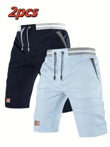 Men’s summer casual bermuda shorts, two-pack; adjustable elastic waistband with drawstring; striped pockets; leather patch decoration; breathable and comfortable; suitable for outdoor everyday wear and versatile.