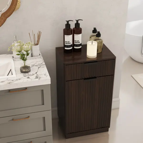 10-Gal Walnut Woodgrain Tilt-Out Trash Can Cabinet - Farmhouse Modern Industrial Home Supply with Smooth Wave-Textured Hideaway Drawer, Pull-Out Bin for Kitchen Use