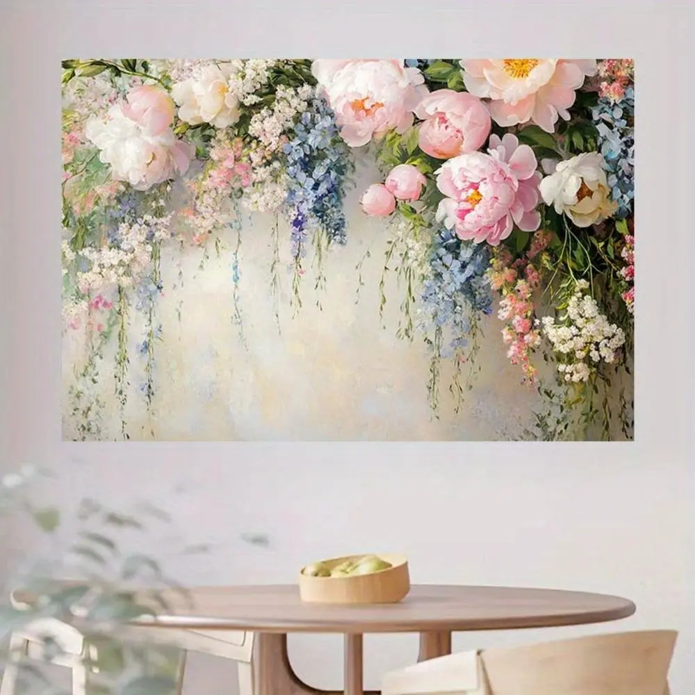 1-Piece Elegant Floral Print Polyester Photo Backdrop Banner - Pastel Pink, White, Blue, Purple, Green, Soft Beige Large Peonies & Roses Decor, Reusable for Weddings, Photo Sessions (Home & Festive Party Supplies), Photo Backdrops