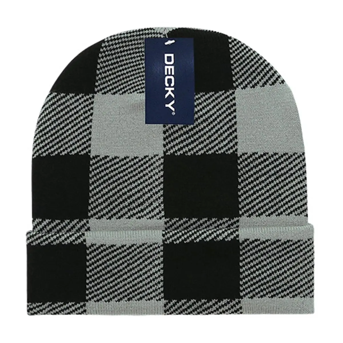 212 MAIN Fitted Beanie - Long Plaid Design, Black, Decky Style, Beanie Fitted