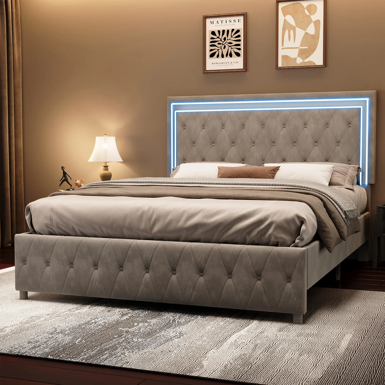 [SummerWins] [SummerFinds] ALBOTT Bed Frame with LED Lights Headboard & Footboard, Velvet Upholstered Platform Bed Frame, No Box Spring Needed, Twin/ Full/Queen