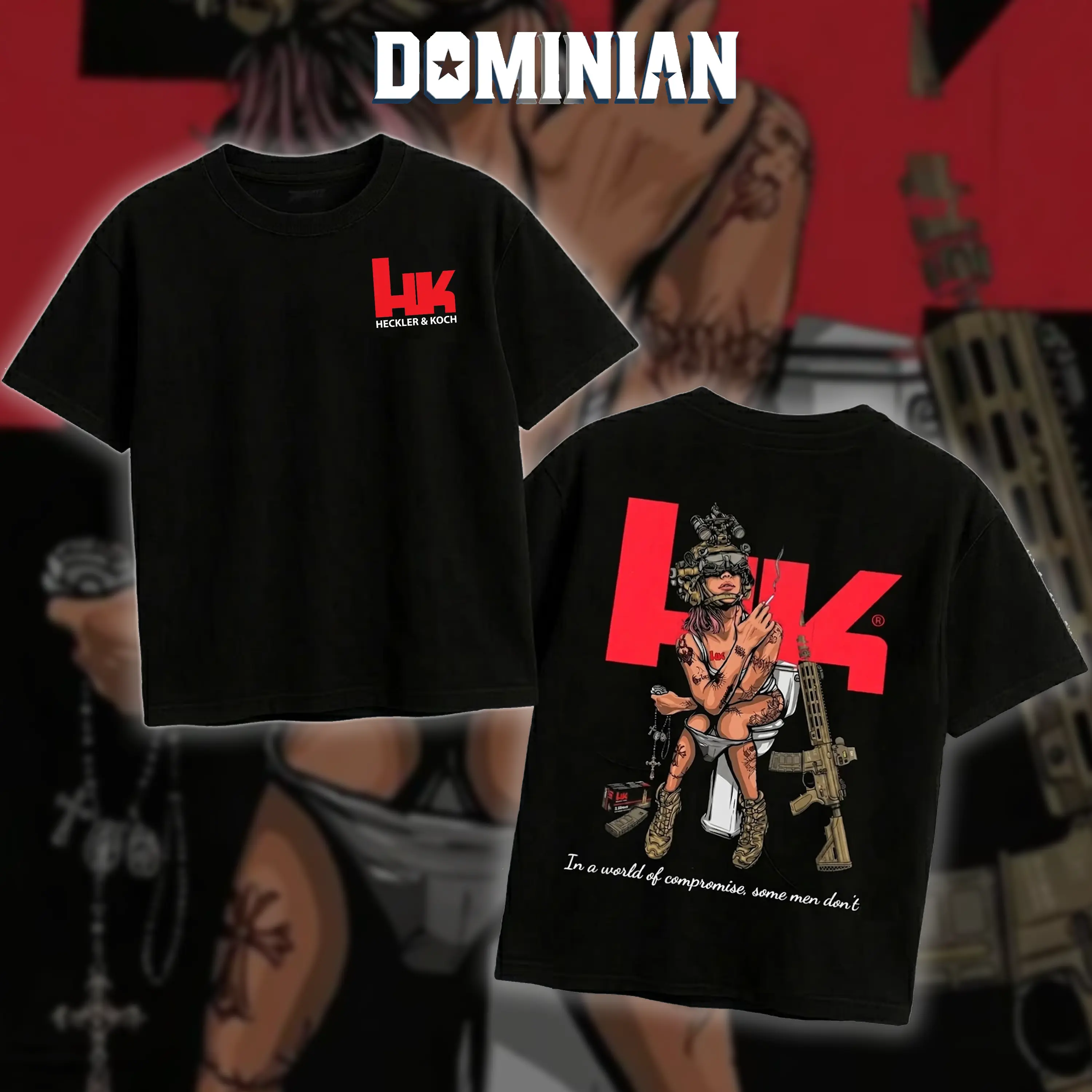 DOMINIAN Heckler & Koch x Combat Girl Graphic Tee, Tactical Girl Night Vision Goggles T-Shirt, In A World Of Compromise Top, Edgy Streetwear Gun Enthusiast Apparel, Casual Black Short Sleeve Shirt, Humorous 2A Mens Fashion