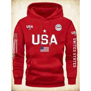 Streetwear USA Hoodie Men's Red Loose Hoodie Flag Element Top