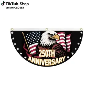 Patriotic Eagle American Flag Polyester Bunting Banner, America 250th Birthday Bunting Flag, USA Independence Day Porch Decor Flag, Fourth Of July Patriotic Half Fan Flag Decoration For Porch Fence Yard