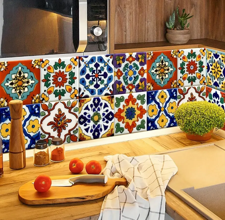 30pcs Boho Ceramic Tile Wall Decor Stickers, Peel and Stick Self-Adhesive Backsplash Tiles, Multi-Color Geometric PVC Wall & Floor Tile Decals for Bathroom, Kitchen