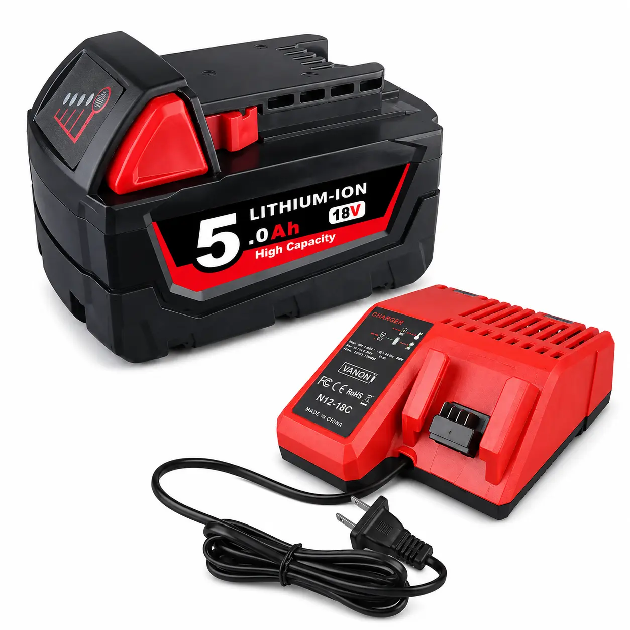 18V 5.0Ah Cordless Lithium-Ion Battery & M12-18C Fast Charger Set, Universal Fit Replacement Batteries for Milwaukee M18 Power Tools, 12V-18V Charger Combo for DIY Projects