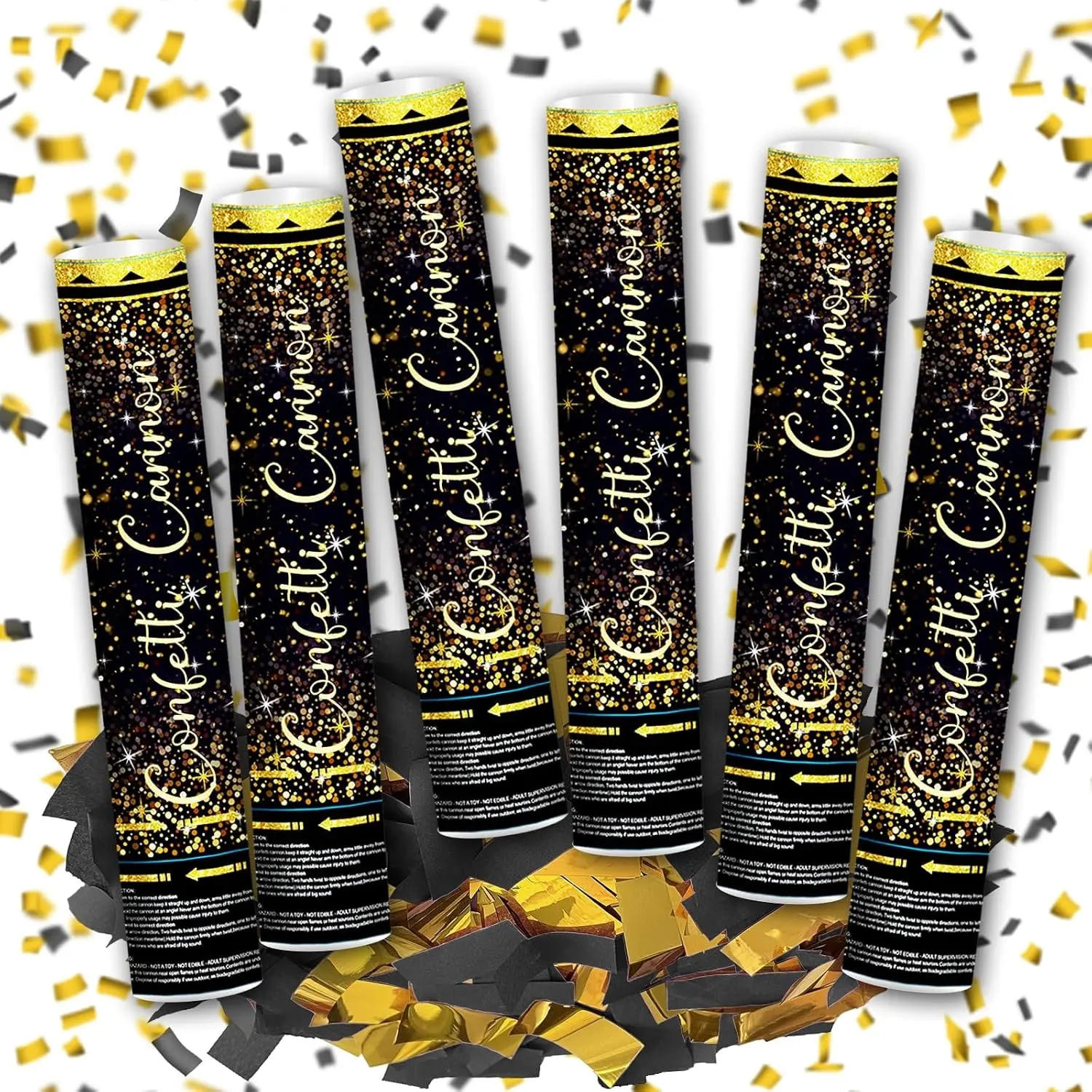 12" Black and Gold Confetti Cannons Party Poppers - 6 Pack