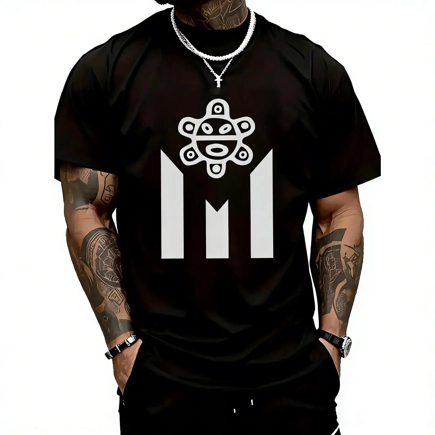 Retro Aztec Sun Symbol Tribal Graphic T-Shirt, Vintage Mayan Culture Print Oversized Crew Neck Tee, Unisex Short Sleeve Streetwear Cotton Top, Trendy Ethnic Aesthetic Shirt for Tribal Art Fans, Streetwear Lovers and Casual Outfit Enthusiasts