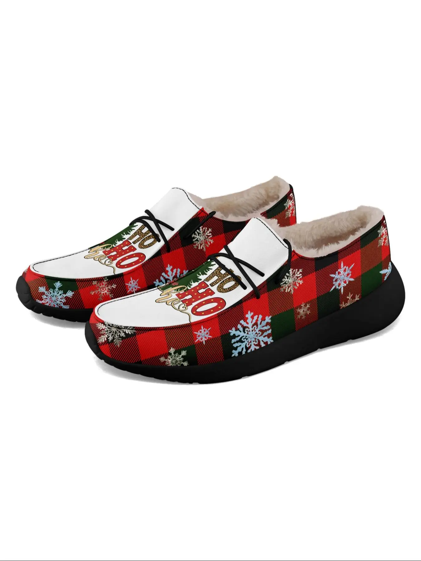 Women's Christmas Loafers,Christmas Red Plaid Hoho Designed Lightweight Comfortable London Sole Plush Canvas Shoes for Autumn and Winter, Lazy Loafers, Personalized Fun Christmas Gift for Mom/Dad/Her/Him/Girlfriend/Boyfriend/Wife/Husband/Friend ﻿