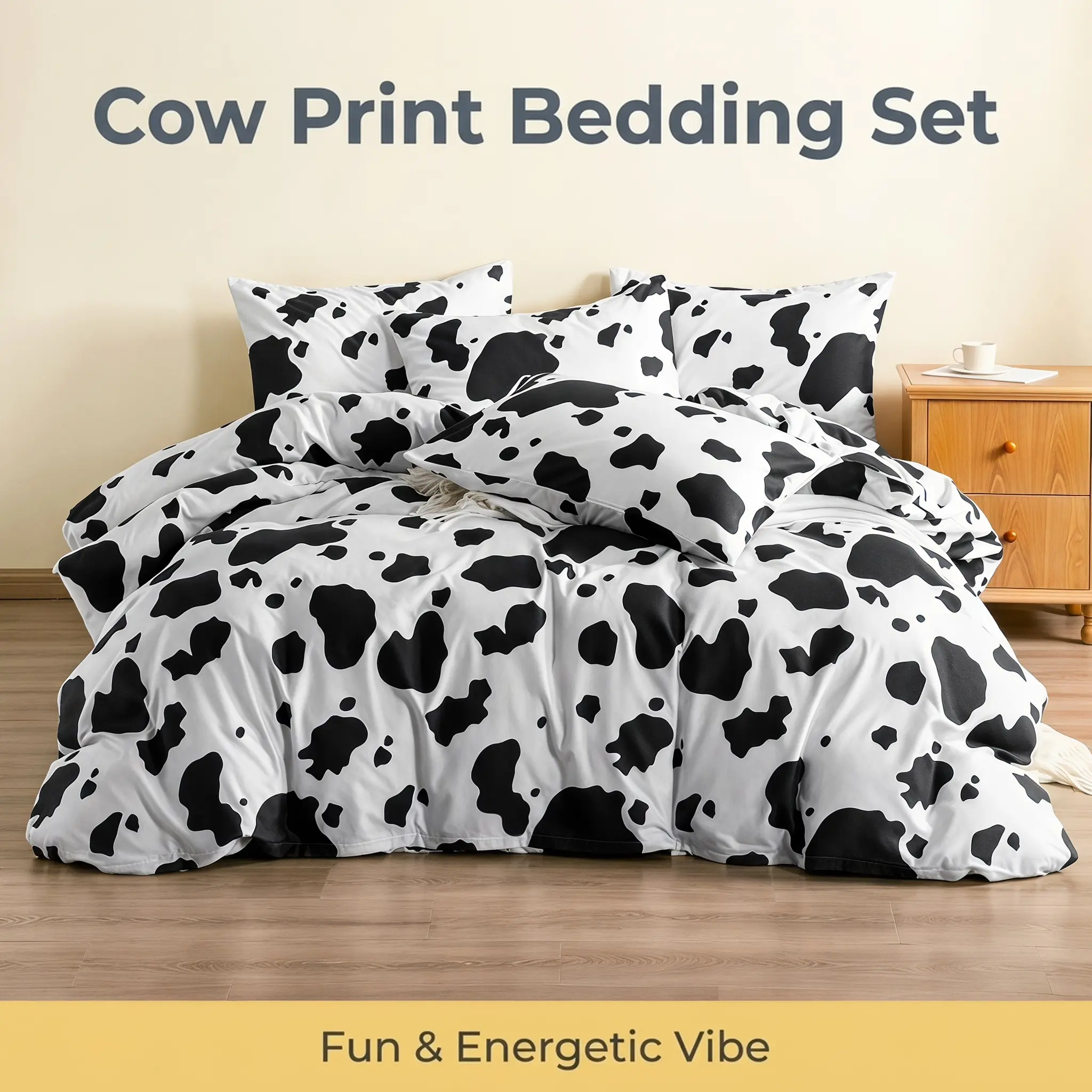 Bedsum 2/3 Pieces Microfiber Cow Print Duvet Cover Set, Ultra Soft Comforter Cover Set with Hidden Zipper & Corner Ties, All Season Farmhouse Bedroom Bedding