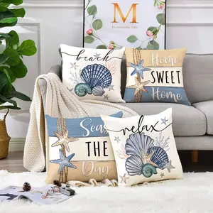 Beach Theme Pillow Cover, 18x18 Inch Coastal Shell and Starfish Design, Polyester Living Room Decoration, Comfortable Cushion Protector